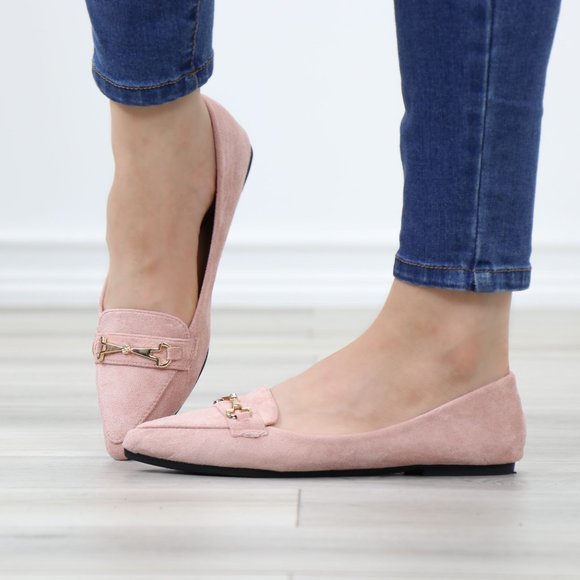 Pink Faux Suede Pointed Toe No Heel Flat Loafers Shoe Gold Accent Decor Slip On - Picture 13 of 14